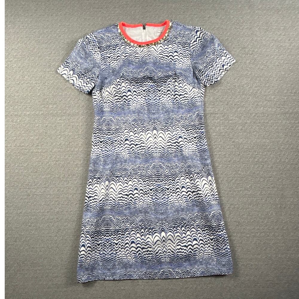 Trina Turk Dress Sz 4 Blue White Orange trim Yellow Stones Resort Coastal